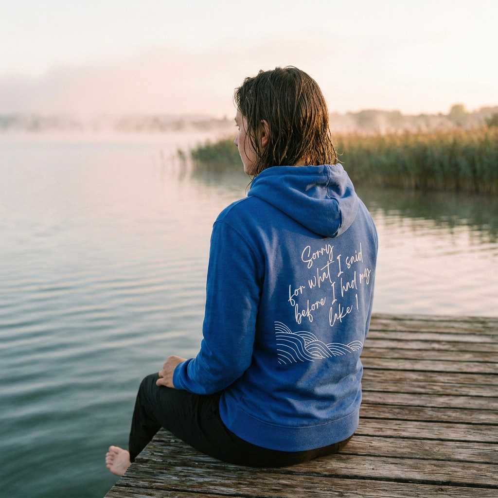 Frau sitzt entspannt am Holzsteg und trägt den blauen SEEVIBES Hoodie mit Rückenmotiv