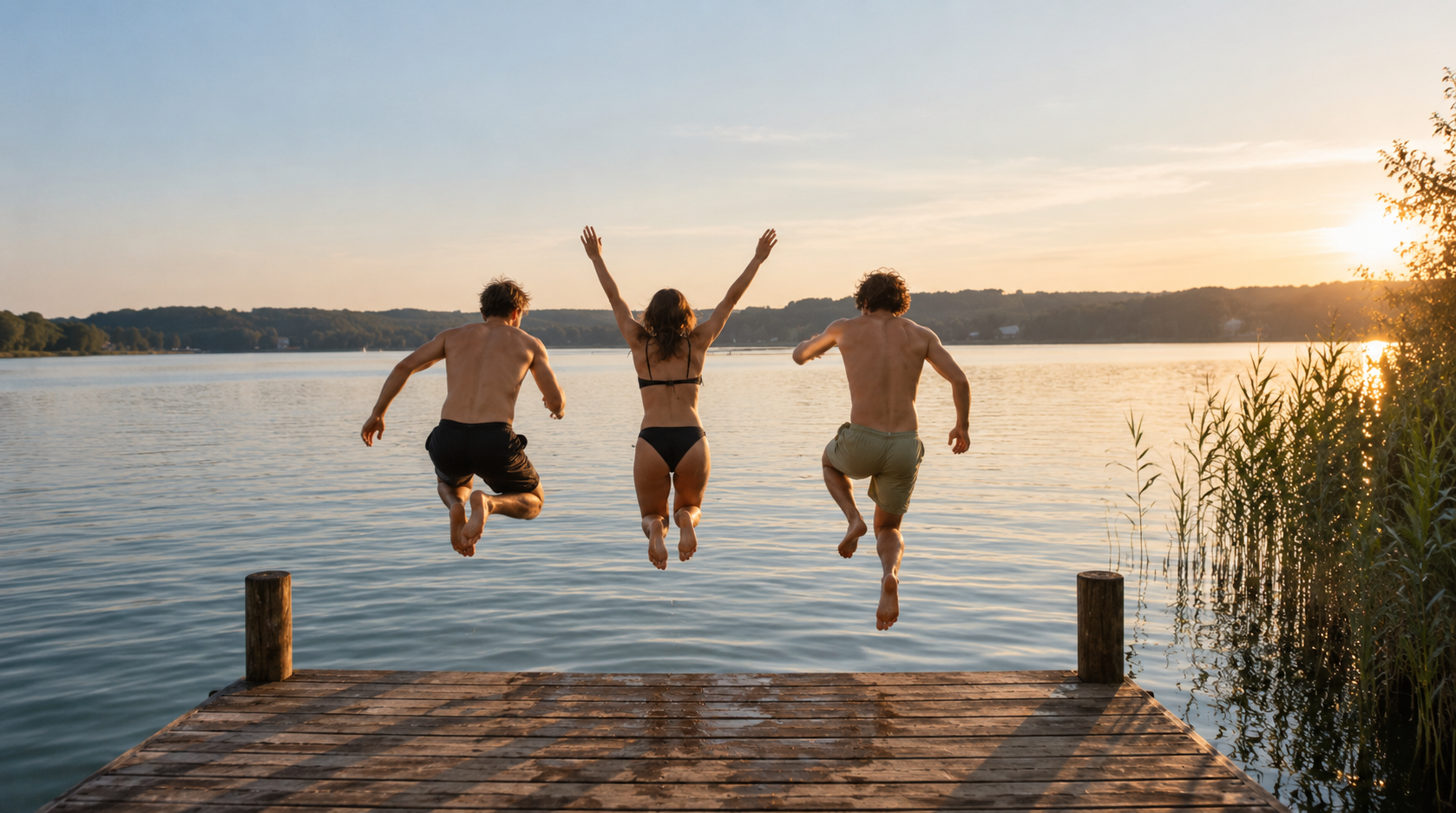 Freunde springen von einem Holzsteg in einen bayerischen See