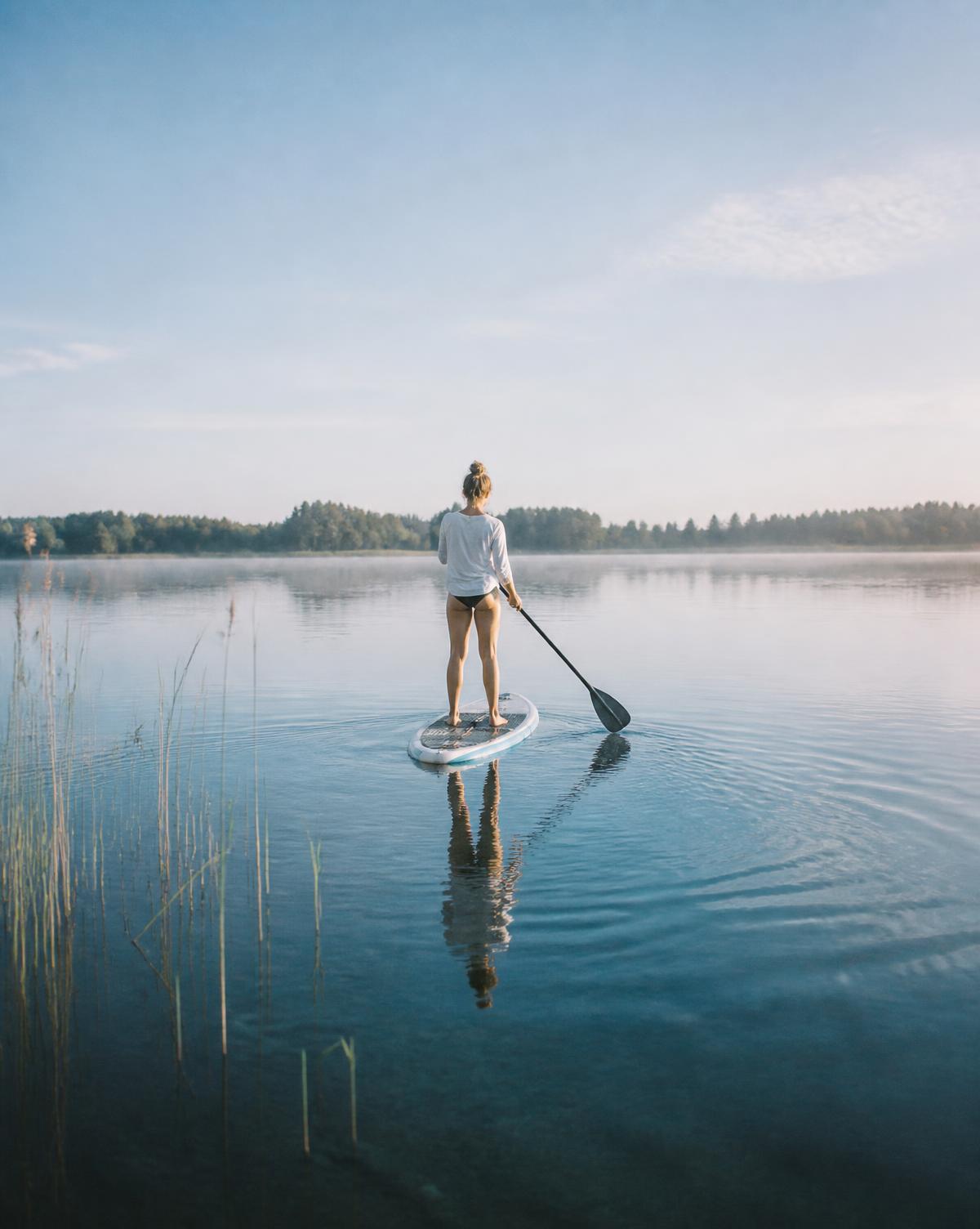 Frau auf dem SUP-Board auf ruhigem See am Morgen