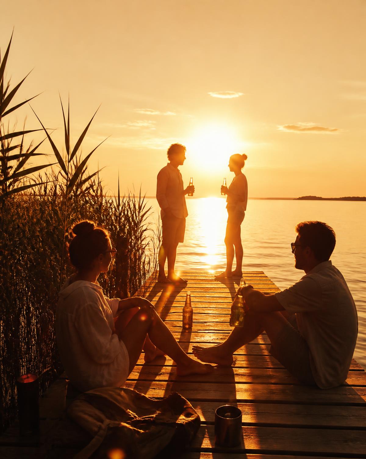 Freunde beim Sundowner auf dem Steg im goldenen Abendlicht